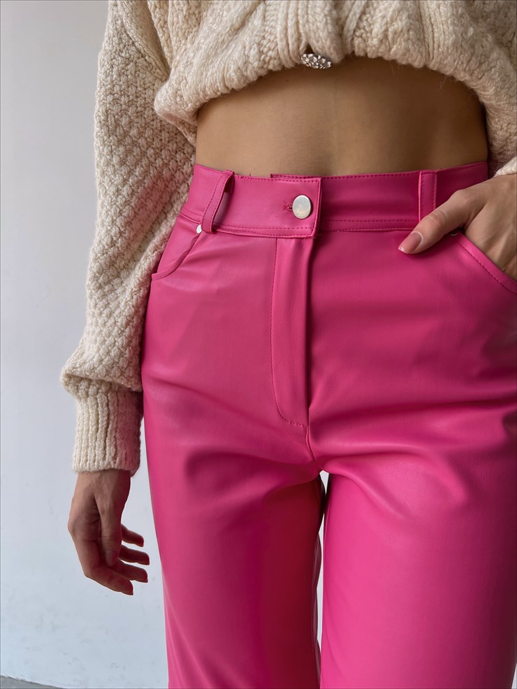 Yüksek Bel Deri Palazzo Kadın Pembe Pantolon 22K000178