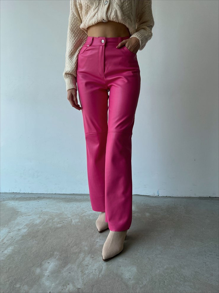 Yüksek Bel Deri Palazzo Kadın Pembe Pantolon 22K000178