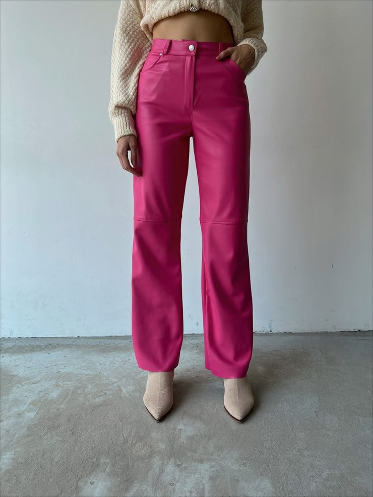 Yüksek Bel Deri Palazzo Kadın Pembe Pantolon 22K000178