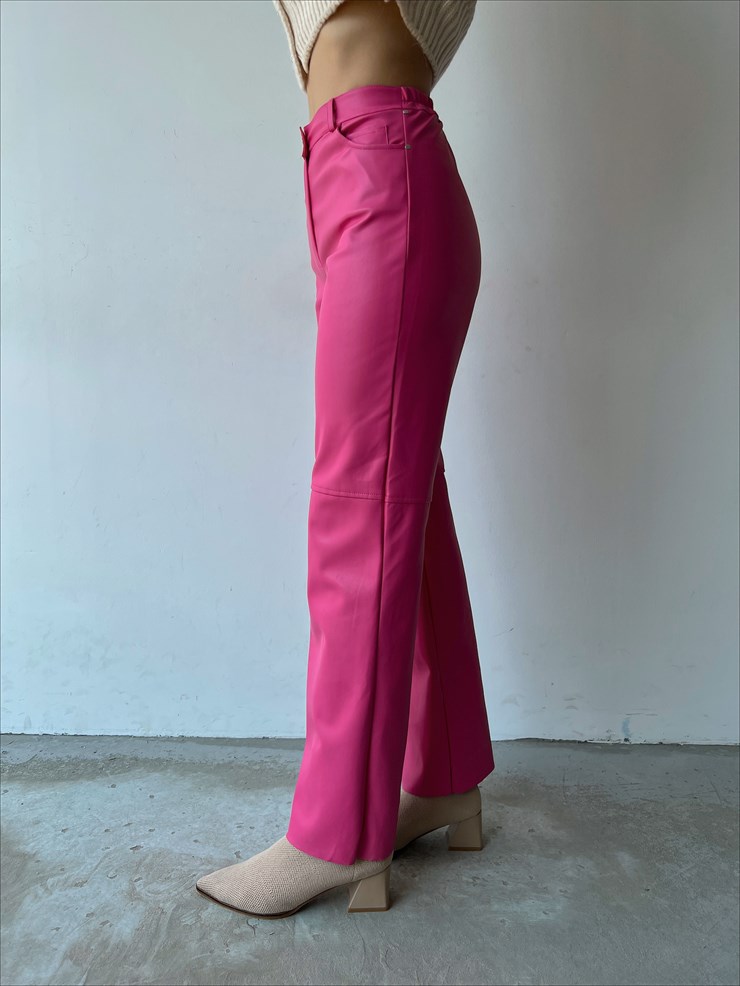 Yüksek Bel Deri Palazzo Kadın Pembe Pantolon 22K000178