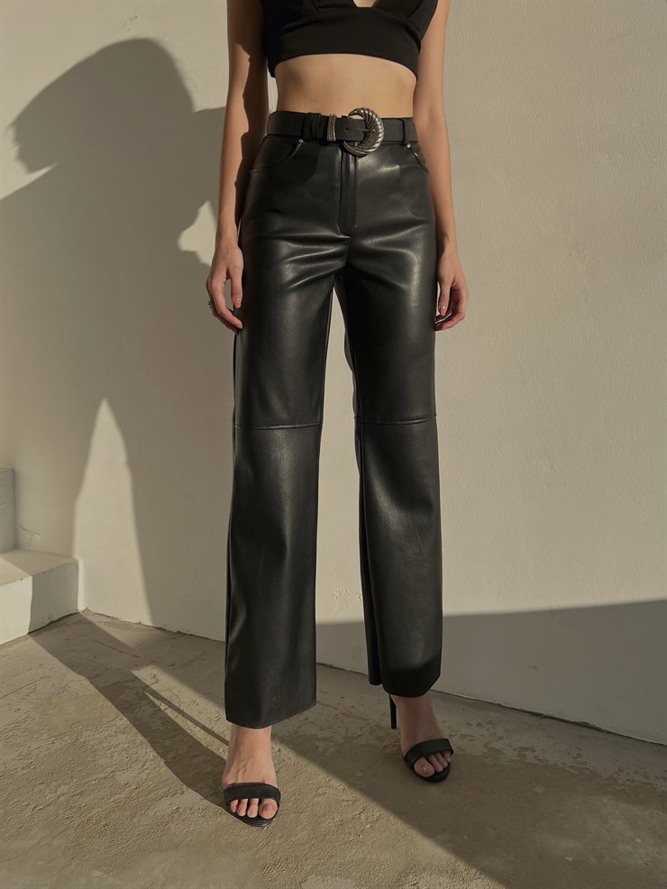Yüksek Bel Deri Palazzo Kadın Siyah Pantolon 22K000178