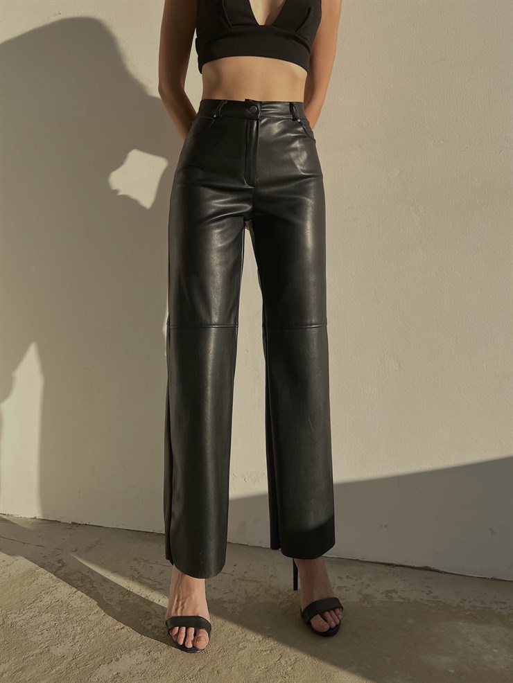 Yüksek Bel Deri Palazzo Kadın Siyah Pantolon 22K000178