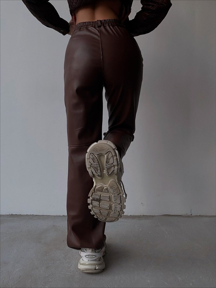 Yüksek Bel Deri Palazzo Kadın Taba Pantolon 22K000178