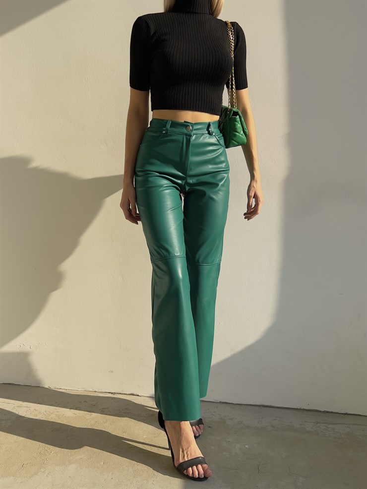 Yüksek Bel Deri Palazzo Kadın Zümrüt Pantolon 22K000178