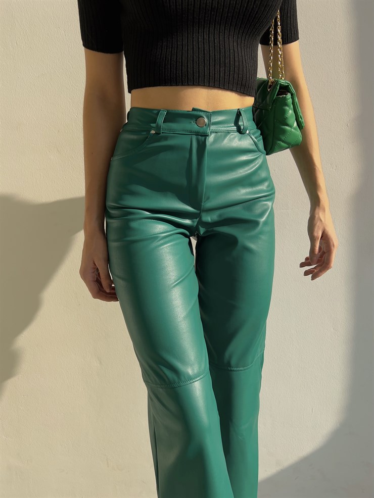 Yüksek Bel Deri Palazzo Kadın Zümrüt Pantolon 22K000178