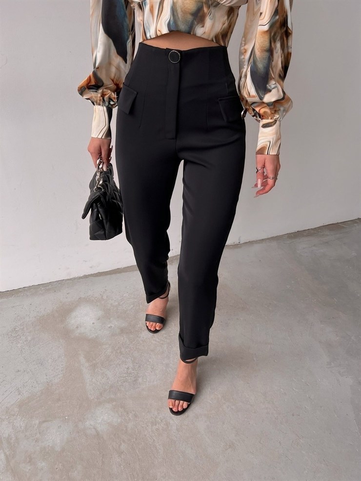 Yüksek Bel Duble Paça Mirella Kadın Siyah Pantolon 22K000499