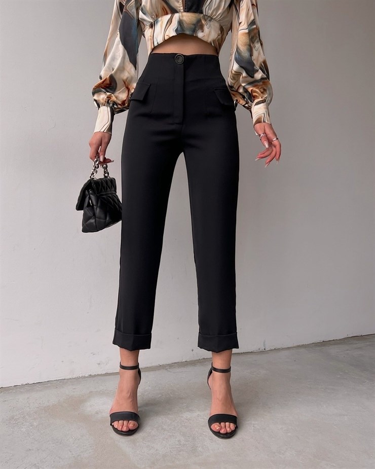 Yüksek Bel Duble Paça Mirella Kadın Siyah Pantolon 22K000499