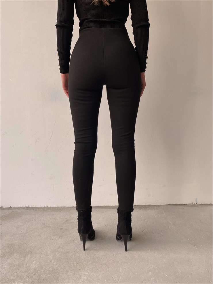 Yüksek Bel Düğme Detaylı Kadın Siyah Tayt 22K000224