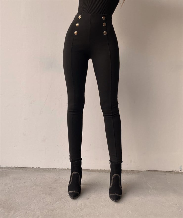 Yüksek Bel Düğme Detaylı Kadın Siyah Tayt 22K000224