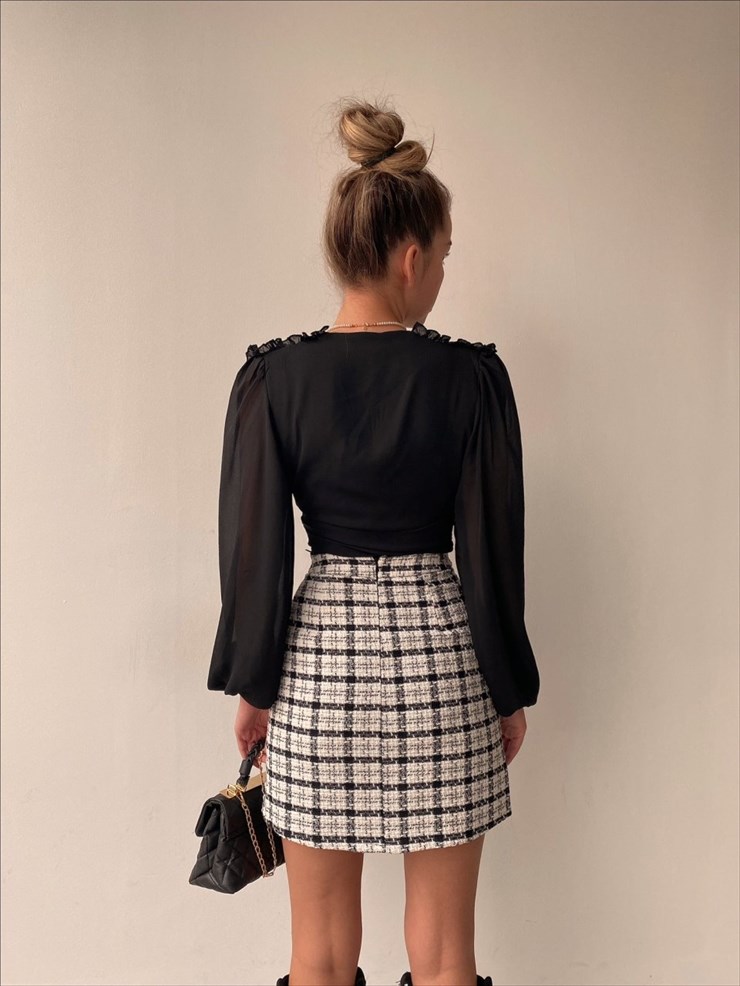 Yüksek Bel Ekoseli Mini Boy Kadın Beyaz Etek 22K000306