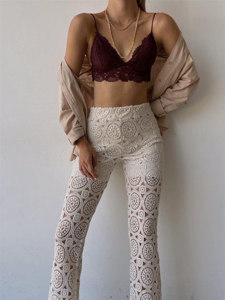 Yüksek Bel Güpürlü İspanyol Paça İçi Astarlı Luciana Kadın Bej Renk Pantolon 22Y000465