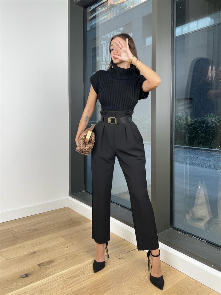 Yüksek Bel Kemerli Alface Kadın Siyah Pileli Pantolon 24k000127