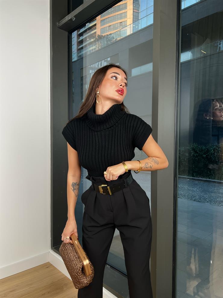 Yüksek Bel Kemerli Alface Kadın Siyah Pileli Pantolon 24k000127