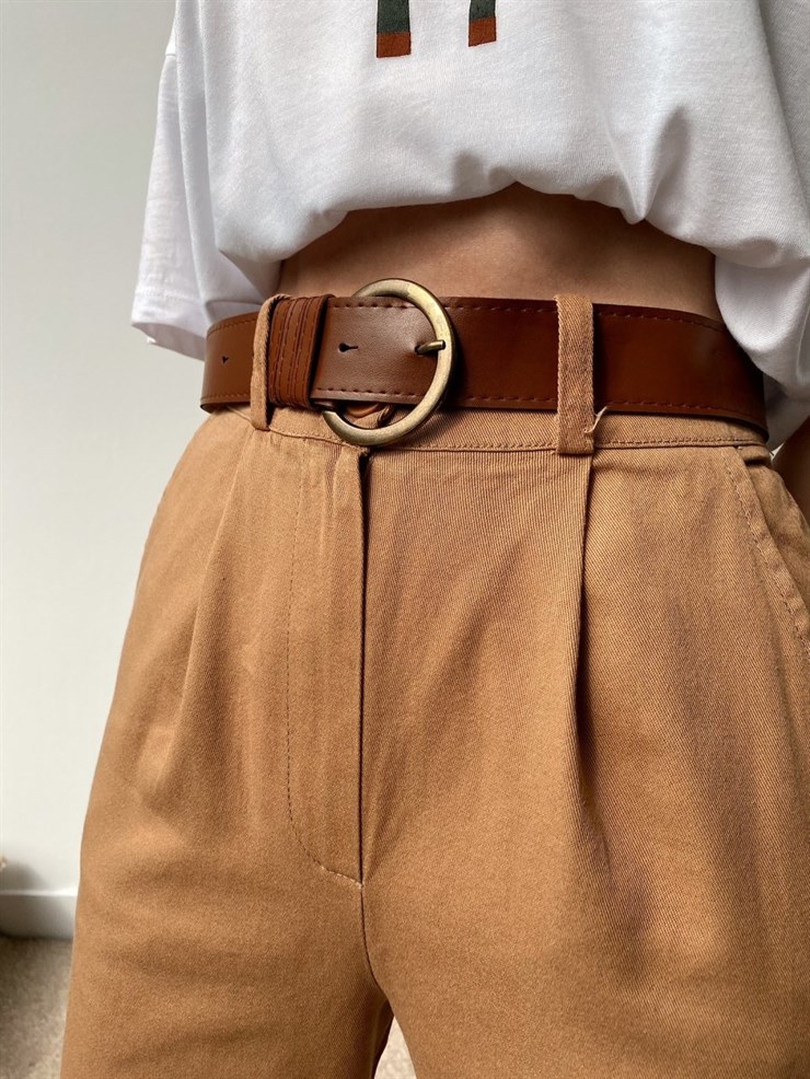 Yüksek Bel Kemerli Havuç Model Kadın Camel Pantolon 21Y000015