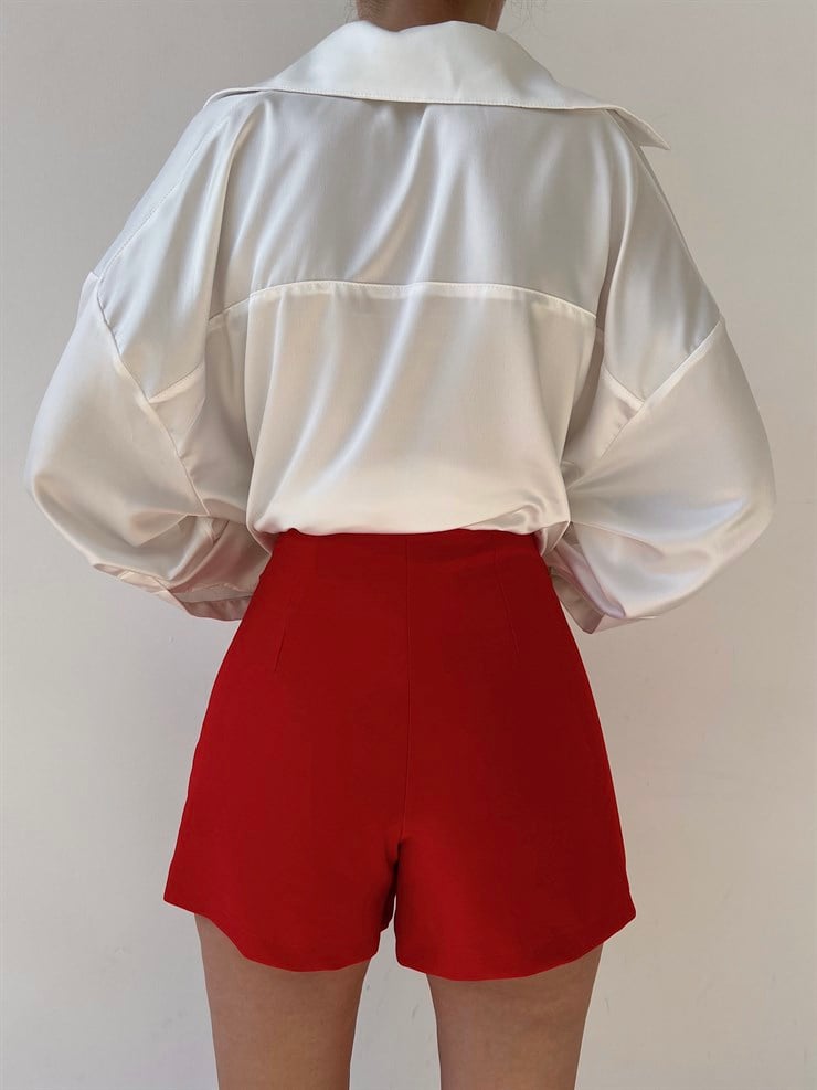 Yüksek Bel Klasik Kesim Pileli Mollie Kadın Kırmızı Şort 22Y000238