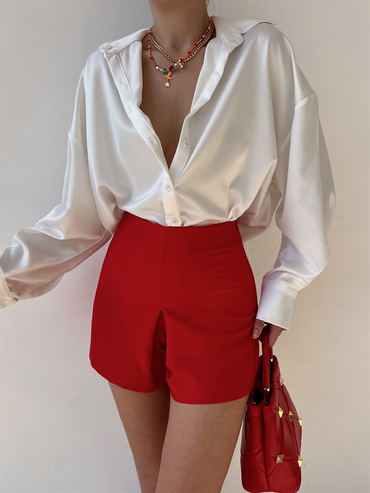 Yüksek Bel Klasik Kesim Pileli Mollie Kadın Kırmızı Şort 22Y000238