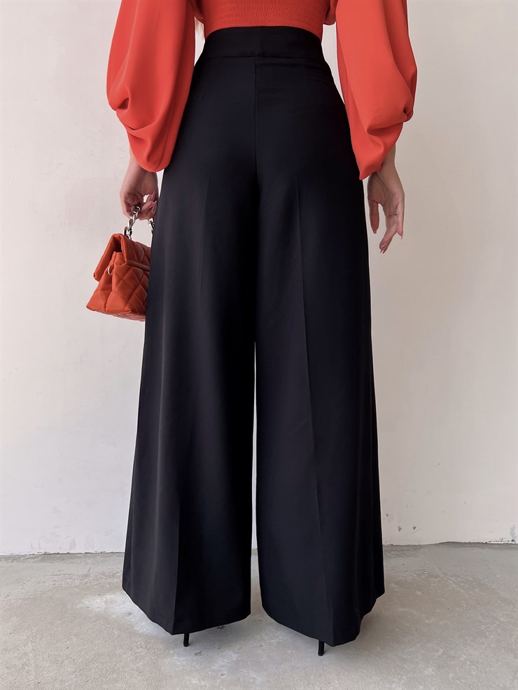 Yüksek Bel Kruvaze Düğmeli Geniş Paça Odalys Kadın Siyah Pantolon 22Y000154