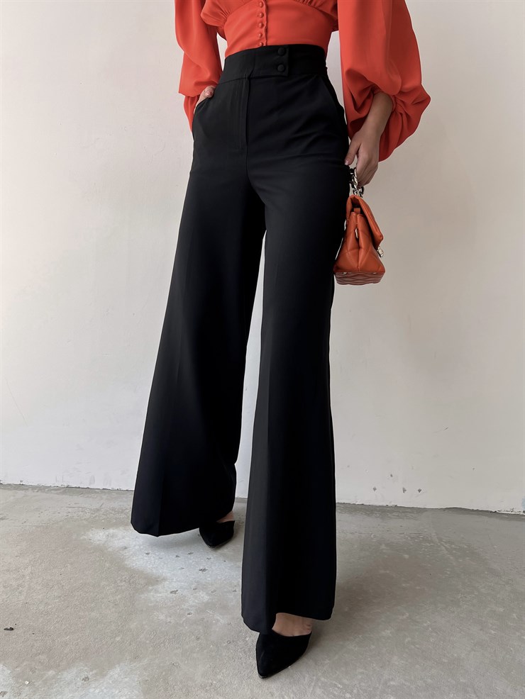 Yüksek Bel Kruvaze Düğmeli Geniş Paça Odalys Kadın Siyah Pantolon 22Y000154