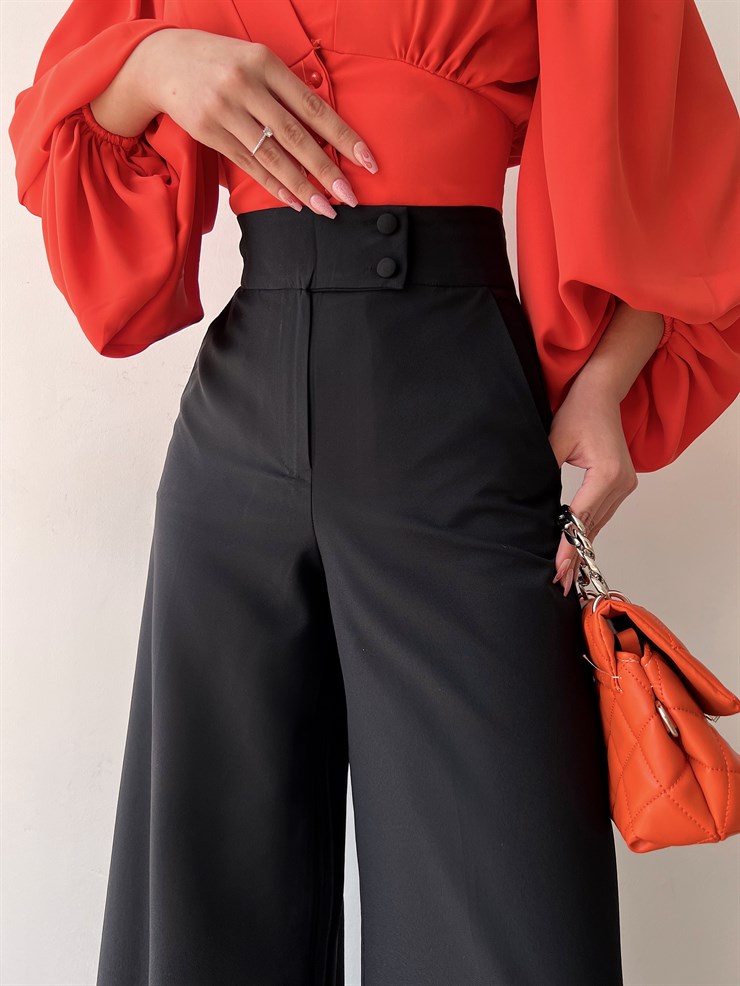 Yüksek Bel Kruvaze Düğmeli Geniş Paça Odalys Kadın Siyah Pantolon 22Y000154