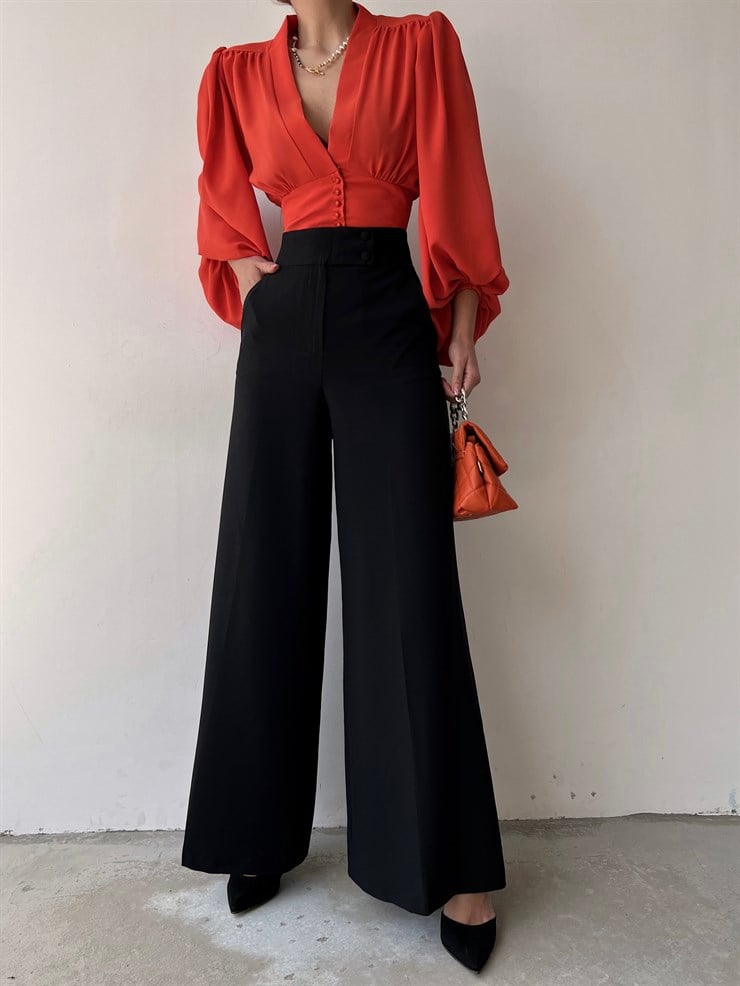 Yüksek Bel Kruvaze Düğmeli Geniş Paça Odalys Kadın Siyah Pantolon 22Y000154