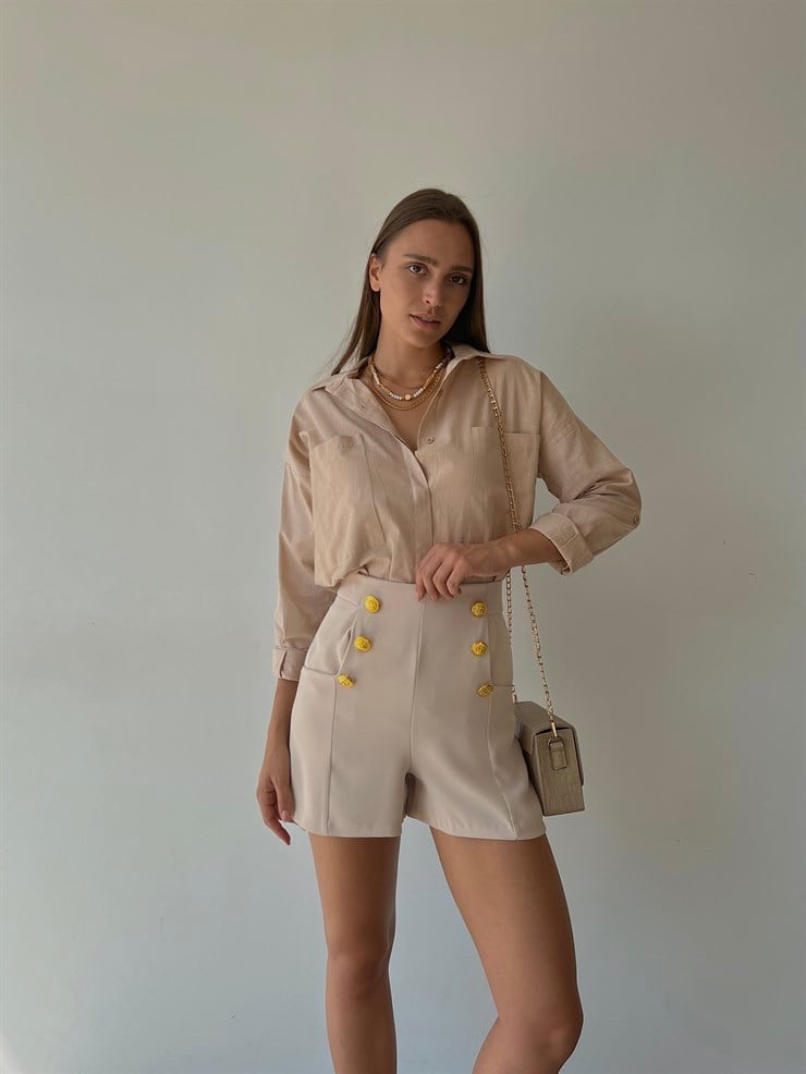 Yüksek Bel Ön Metal Düğme Detaylı Kadın Bej Şort 22K000405