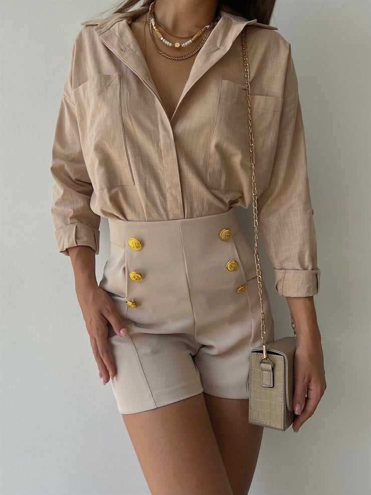 Yüksek Bel Ön Metal Düğme Detaylı Kadın Bej Şort 22K000405
