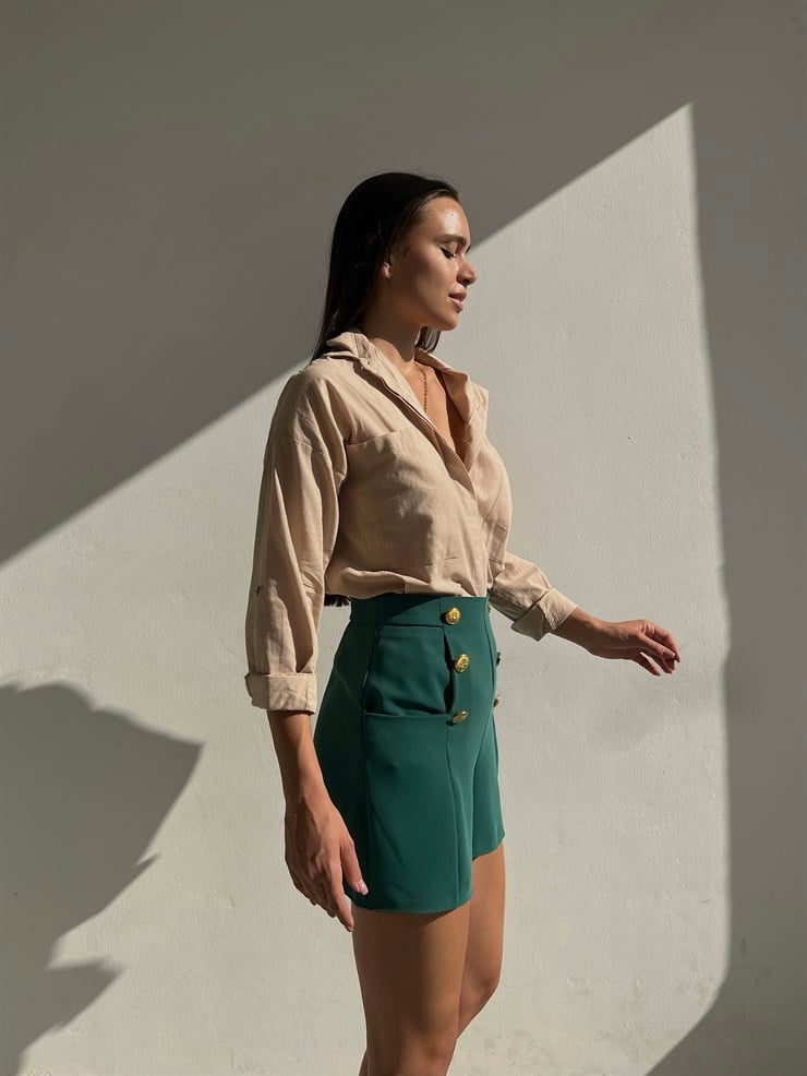 Yüksek Bel Ön Metal Düğme Detaylı Kadın Yeşil Şort 22K000405