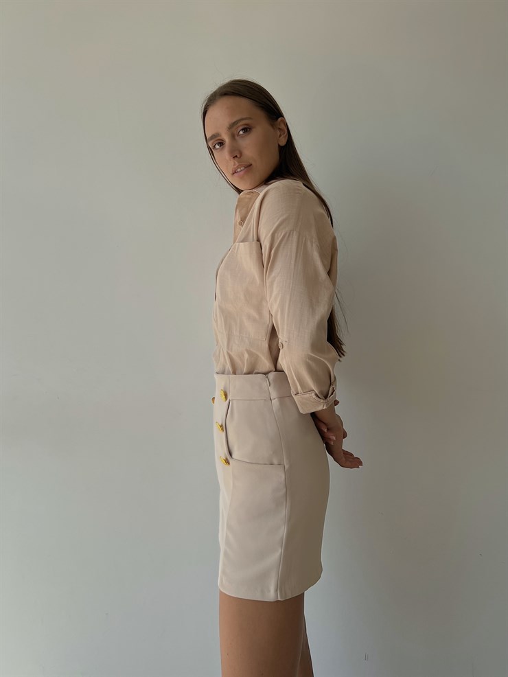 Yüksek Bel Ön Metal Düğme Detaylı Kadın Bej Şort 22K000405