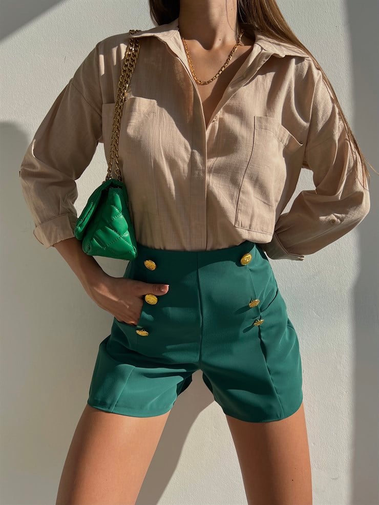 Yüksek Bel Ön Metal Düğme Detaylı Kadın Yeşil Şort 22K000405