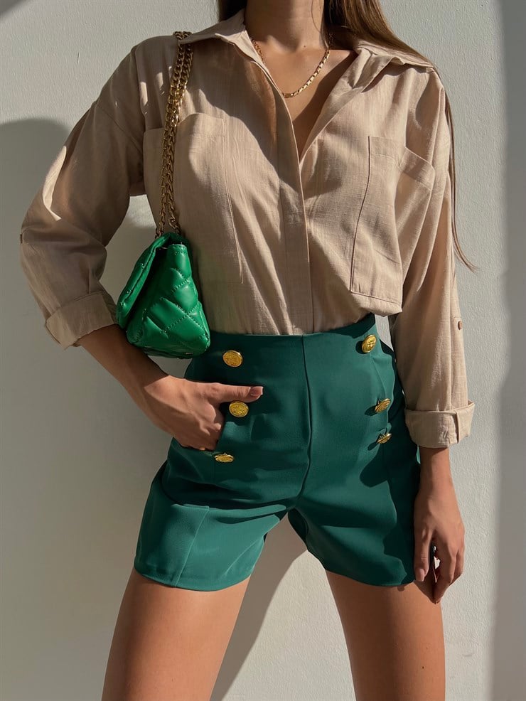 Yüksek Bel Ön Metal Düğme Detaylı Kadın Yeşil Şort 22K000405