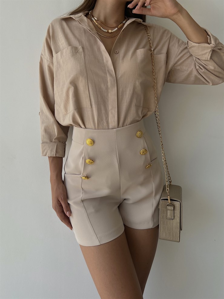 Yüksek Bel Ön Metal Düğme Detaylı Kadın Bej Şort 22K000405
