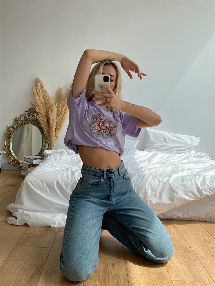 Yüksek Bel Paçası Kesik Detay Kadın Mavi Palazzo Jeans 21Y000402