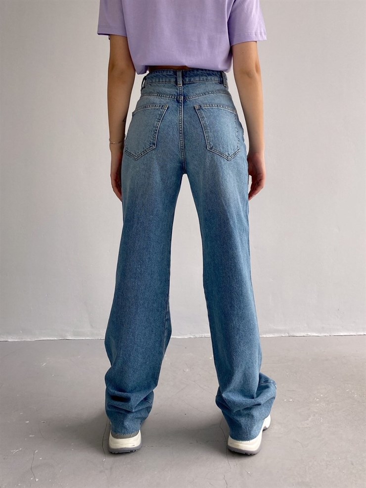 Yüksek Bel Paçası Kesik Detay Kadın Mavi Palazzo Jeans 21Y000402