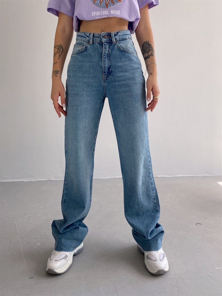 Yüksek Bel Paçası Kesik Detay Kadın Mavi Palazzo Jeans 21Y000402