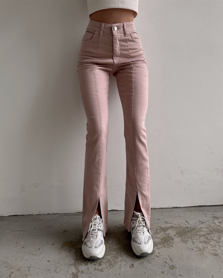 Yüksek Bel Paçası Önden Yırtmaçlı Britney Kadın Pudra Jeans 22Y000047