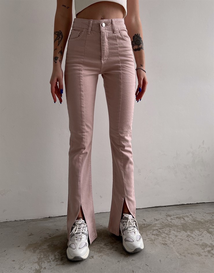 Yüksek Bel Paçası Önden Yırtmaçlı Britney Kadın Pudra Jeans 22Y000047