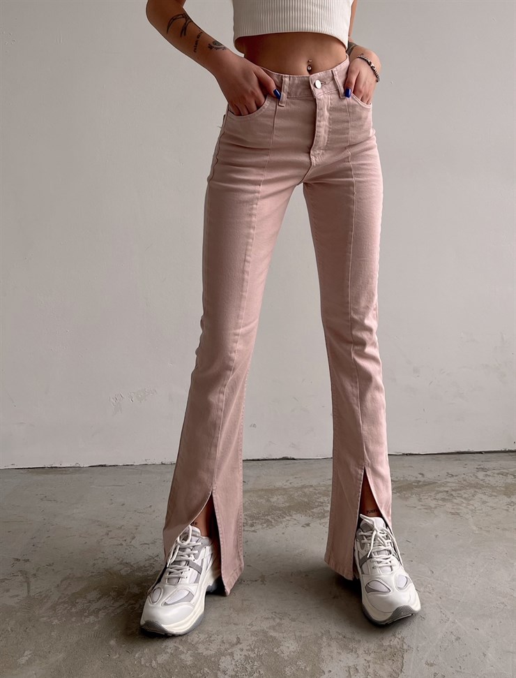 Yüksek Bel Paçası Önden Yırtmaçlı Britney Kadın Pudra Jeans 22Y000047