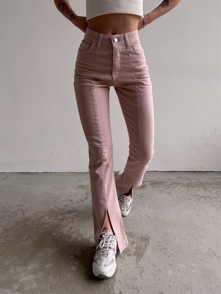 Yüksek Bel Paçası Önden Yırtmaçlı Britney Kadın Pudra Jeans 22Y000047