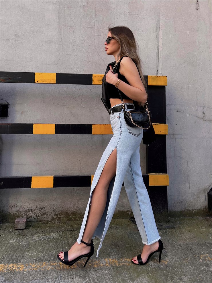 Yüksek Bel Paçası Yandan Derin Yırtmaçlı Jamir Kadın Mavi Jean 22Y000231