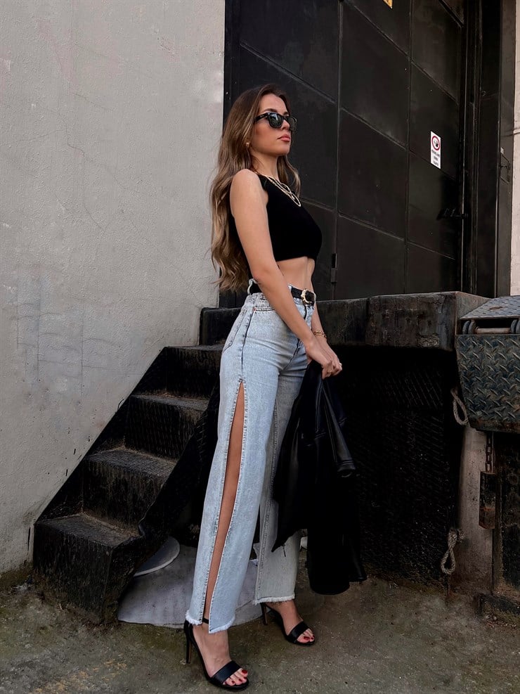 Yüksek Bel Paçası Yandan Derin Yırtmaçlı Jamir Kadın Mavi Jean 22Y000231