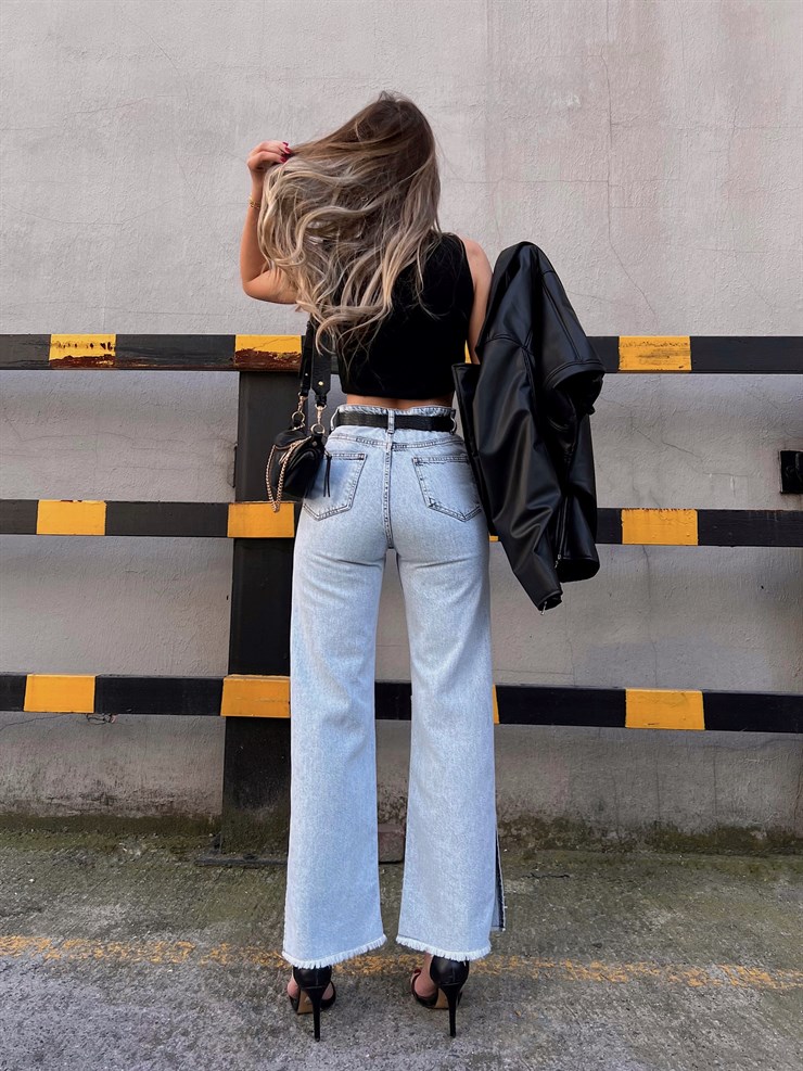 Yüksek Bel Paçası Yandan Derin Yırtmaçlı Jamir Kadın Mavi Jean 22Y000231