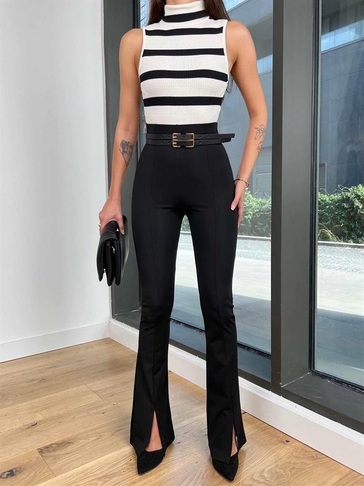 Yüksek Bel Paçası Yırtmaçlı Alandro Kadın Siyah Tayt Pantolon 24k000126