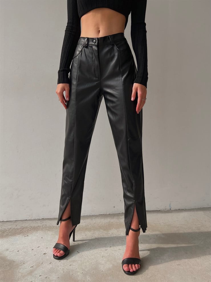 Yüksek Bel Paçası Yırtmaçlı Deri Kadın Siyah Pantolon 22K000258