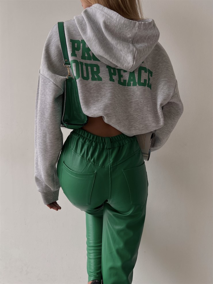 Yüksek Bel Paçası Yırtmaçlı Deri Kadın Yeşil Pantolon 22K000258 