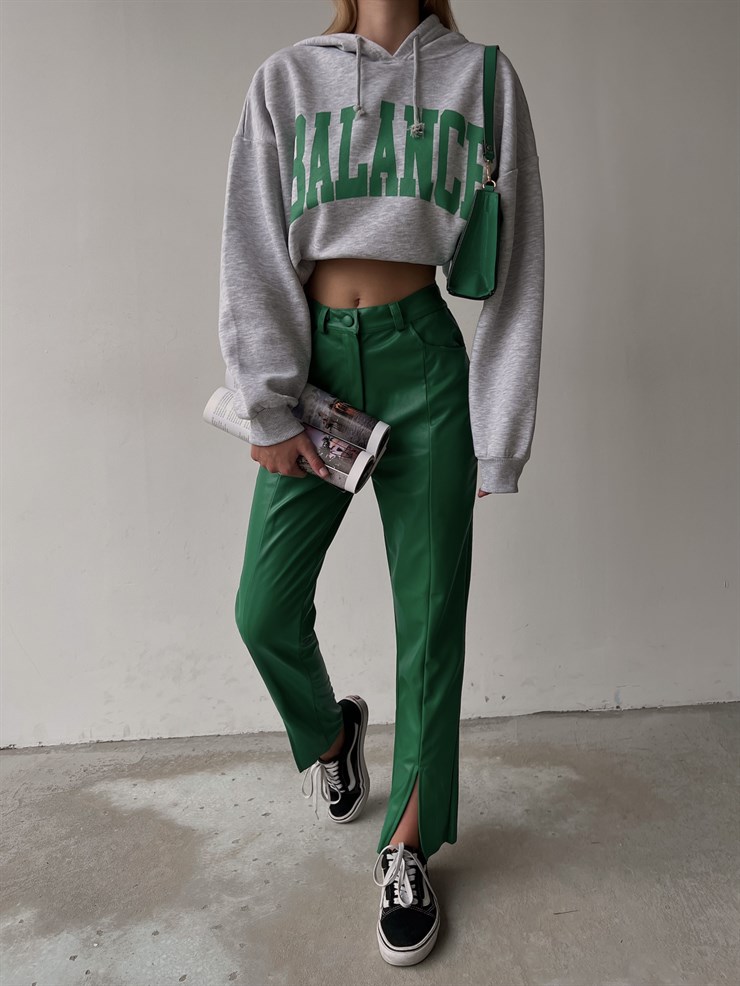 Yüksek Bel Paçası Yırtmaçlı Deri Kadın Yeşil Pantolon 22K000258 