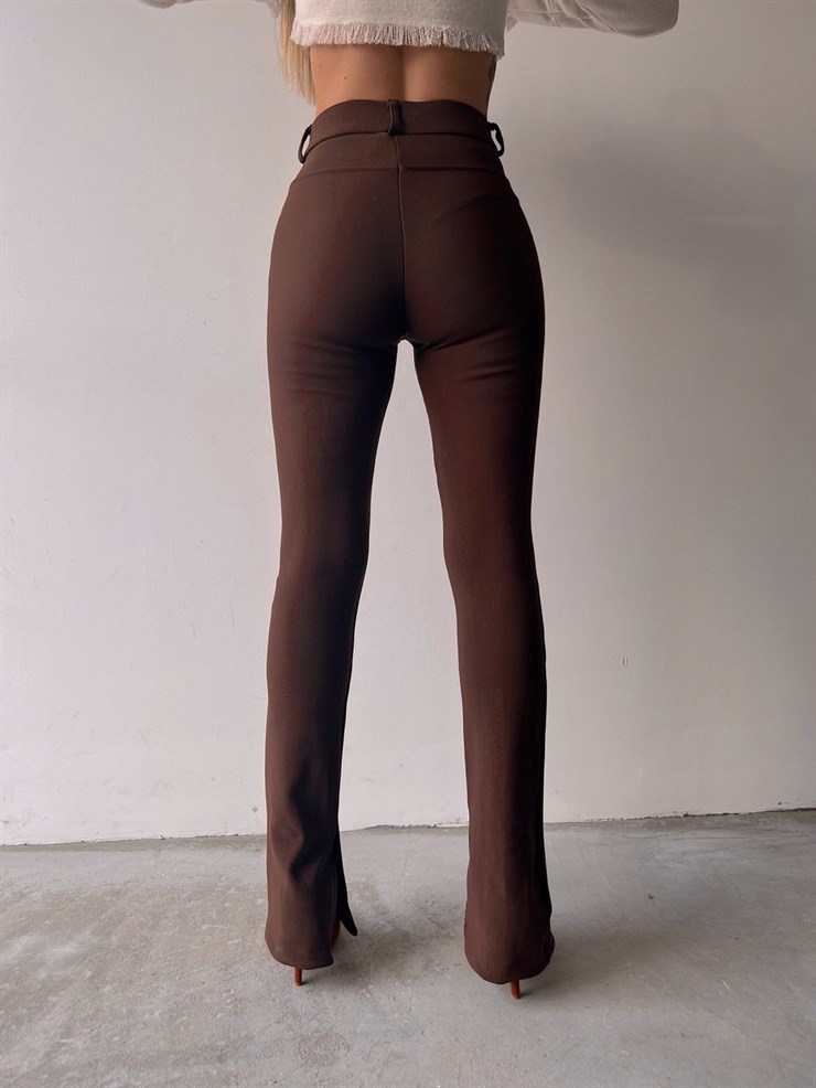 Yüksek Bel Paçası Yırtmaçlı Kadın Kahverengi Tayt Pantolon 22K000521