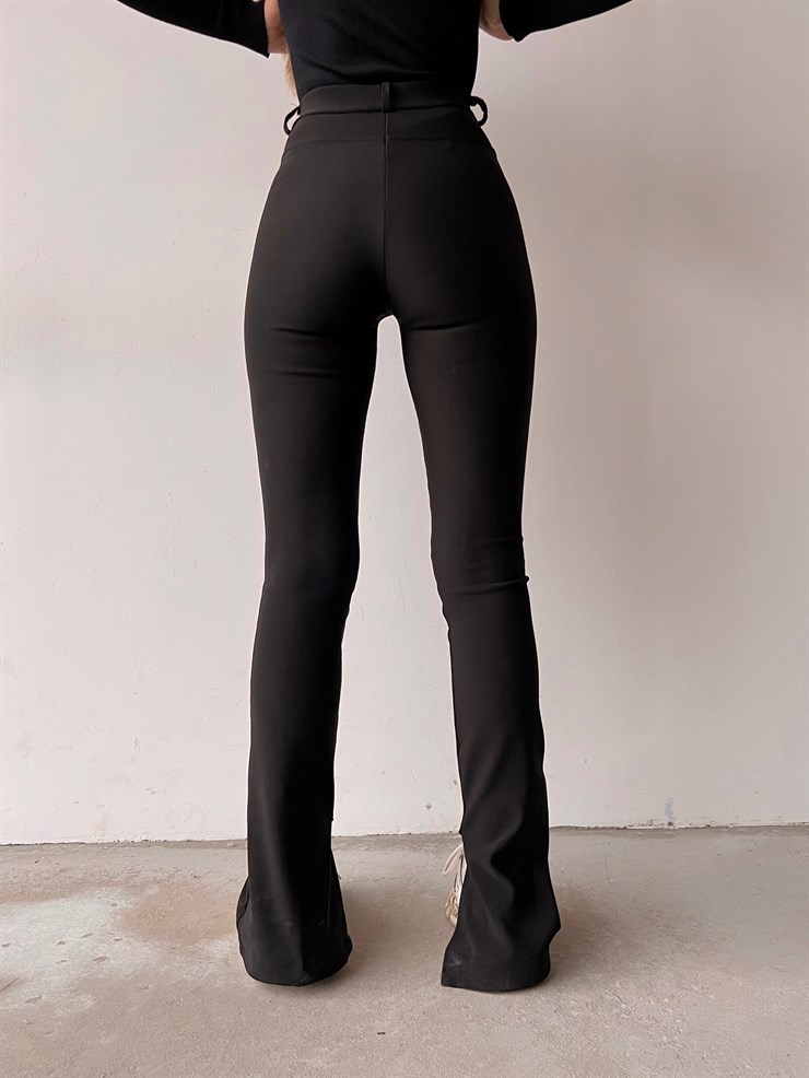 Yüksek Bel Paçası Yırtmaçlı Kadın Siyah Tayt Pantolon 22K000521