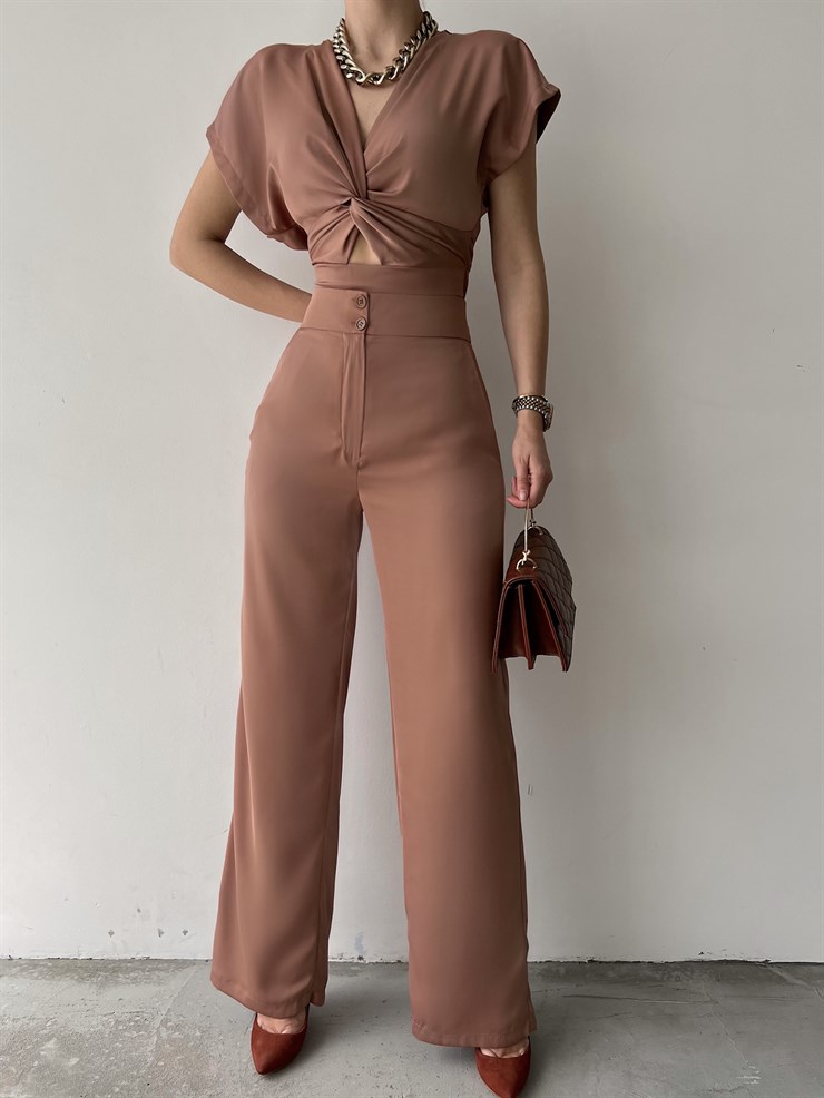 Yüksek Bel Parlak Kumaş Abram Kadın Vizon Palazzo Pantolon 22Y000240