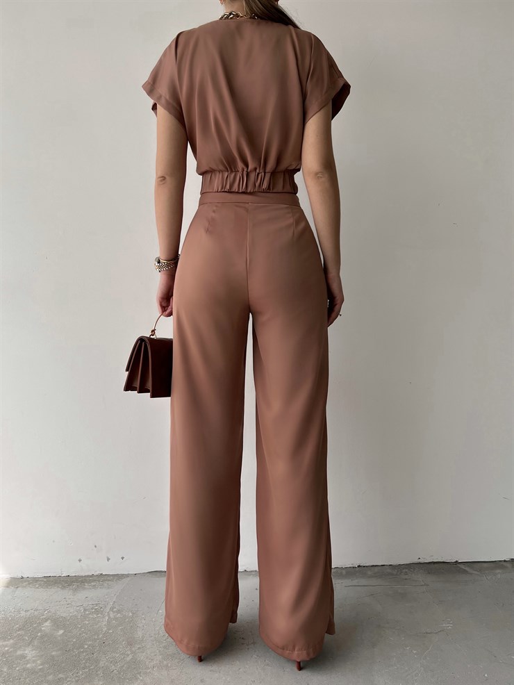 Yüksek Bel Parlak Kumaş Abram Kadın Vizon Palazzo Pantolon 22Y000240