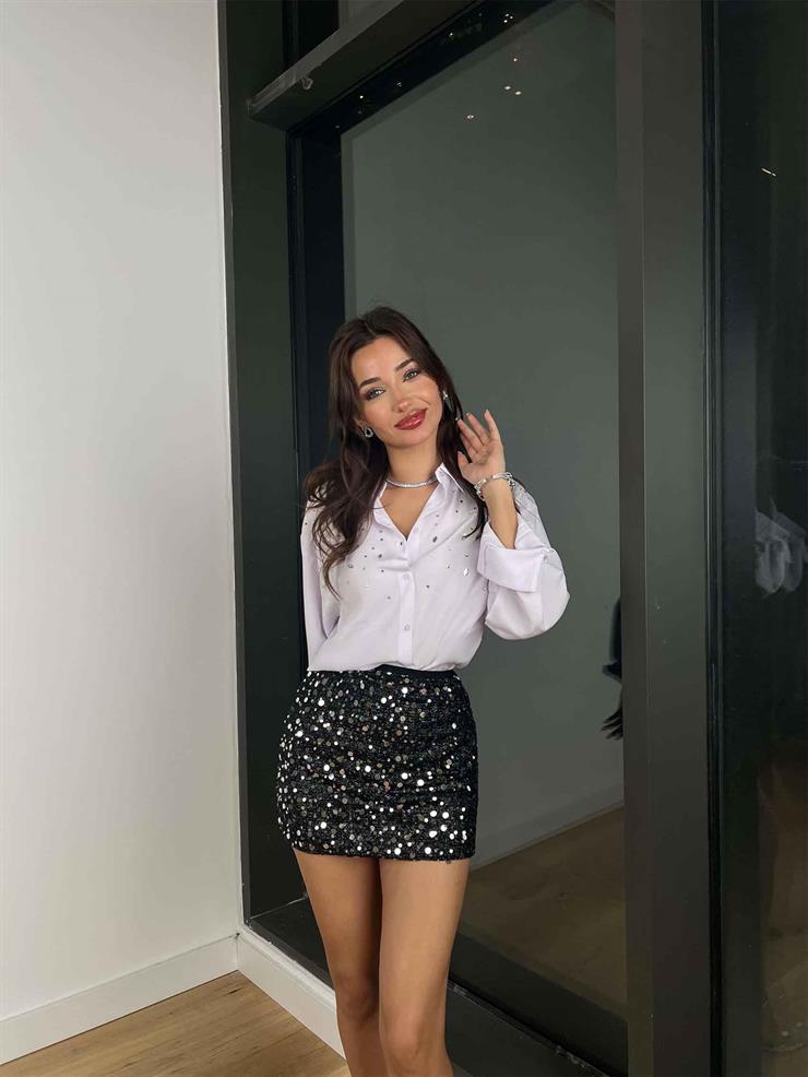 Yüksek Bel Payetli Abrienda Kadın Gri Mini Etek 24k357